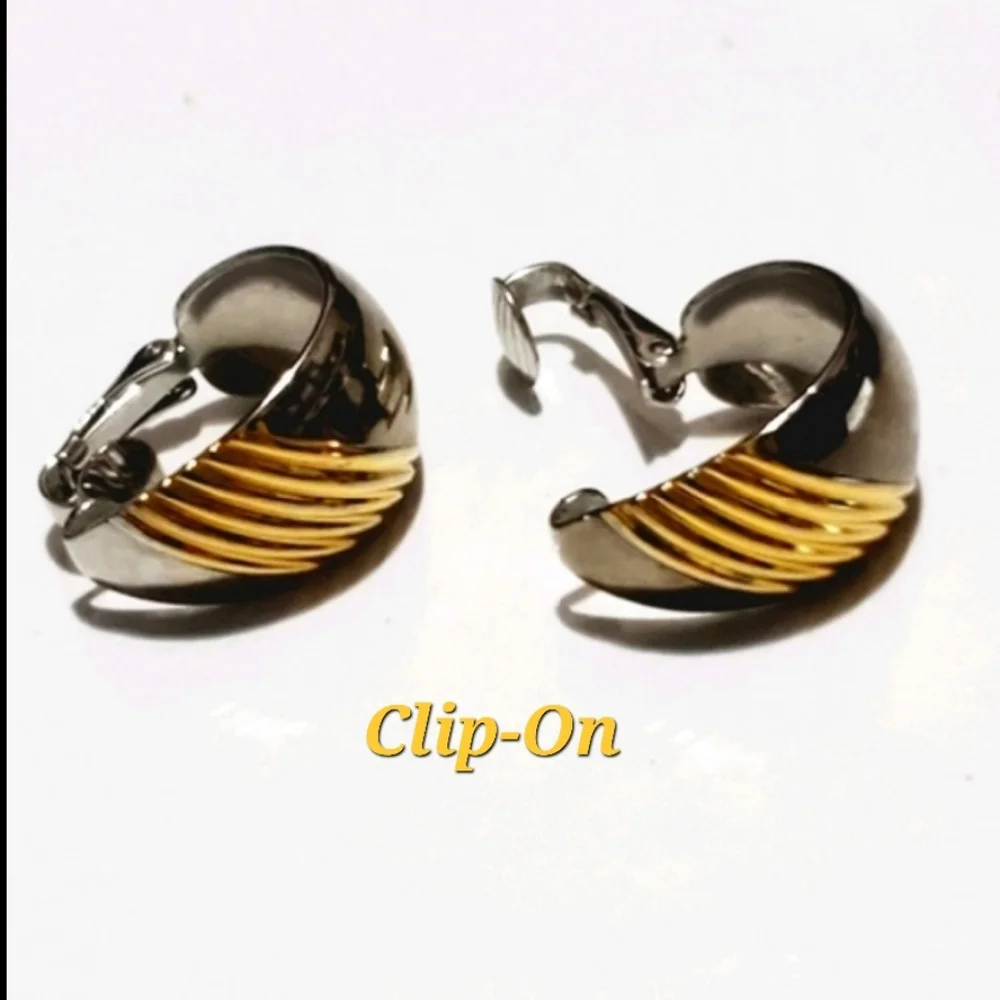 Silver & Gold Tone Clip-On Earrings Swirled Textured Design